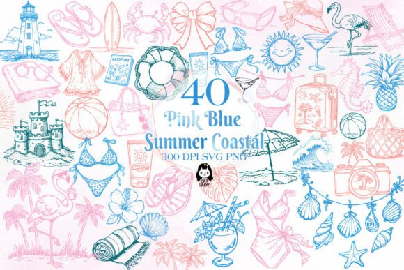 Download Pink Blue Summer Coastal Clipart SVG PNG - Pink blue Collection